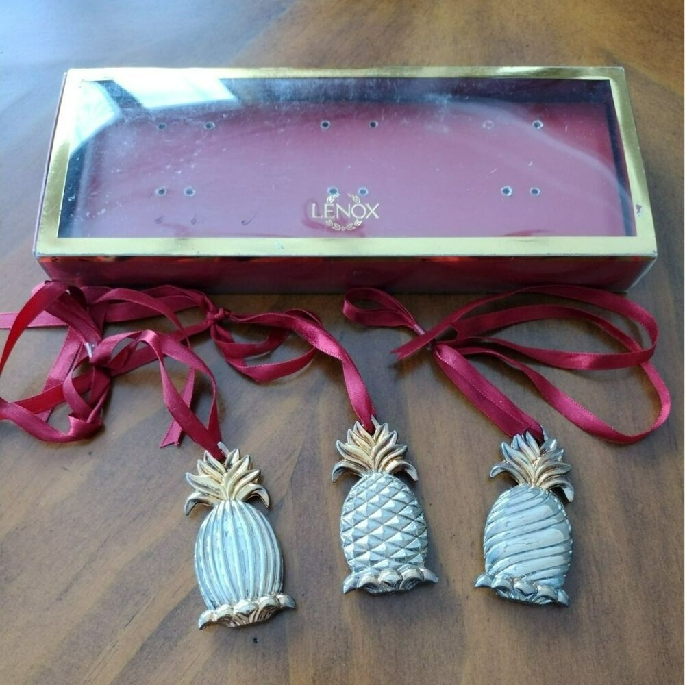 Lenox Williamsburg Pineapple Silverplate Ornaments Set Of 3 w/ Box, Silver Gold - Picture 2 of 9